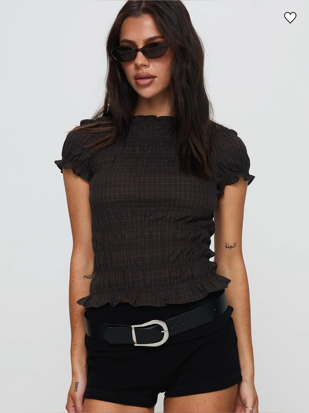 Princess Polly Romelle Shirred Top Black / Brown Plaid